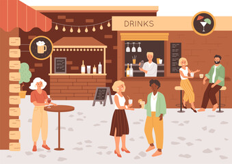 People in street bar in cozy yard. Male and female communicate, drinking cocktails, have fun. Small summer pub, cafe with beer, wine. Vector illustration with cityscape. Happy characters, urban scene.