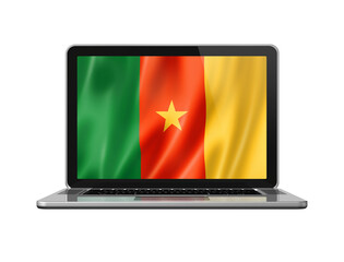 Cameroon flag on laptop screen isolated on white. 3D illustration