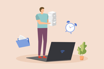 Businessman is working with overwhelm work, busy office worker, businessman is with overwhelmed work, flat design of work life not balance vector, working with deadline approaching vector.