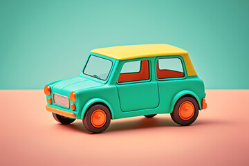 Isolated bright toy car in studio. Automobile and transport concept. AI generative