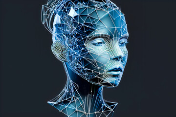 Female robotic android face in low poly wireframe illustration style. AI generative