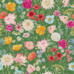 Beautiful seamless pattern with watercolor hand drawn colorful flowers. Stock illustration.