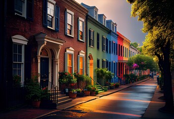 Fototapeta premium Colorful Rainbow Row, Charleston SC. Generative AI
