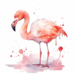 Pink watercolor flamingo. Illustration AI Generative.