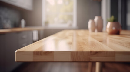 Fototapeta na wymiar Empty wooden table on kitchen background. Illustration AI Generative