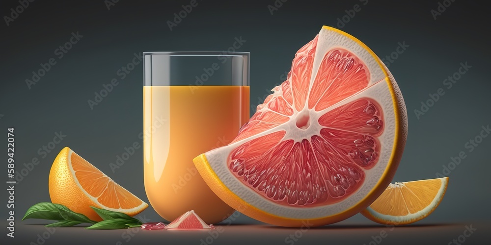 Poster perspective from the side grapefruit and orange juice, freshly squeezed, served with grapefruit and 