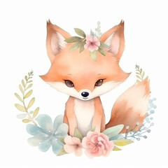 Cute watercolor fox. Illustration AI Generative