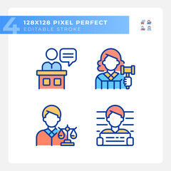 Trial process participants pixel perfect RGB color icons set. Law punishment for criminal. Justice regulation. Isolated vector illustrations. Simple filled line drawings collection. Editable stroke