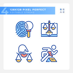 Crime evidences performing in court pixel perfect RGB color icons set. Investigation of accident. Law system. Isolated vector illustrations. Simple filled line drawings collection. Editable stroke