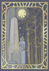 Colorful graphic illustration with city buildings and trees with decorated frame