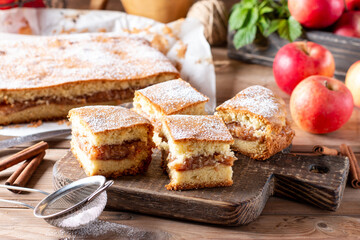 Sponge cake with apples on a wooden board on the wooden table. Homemade pie