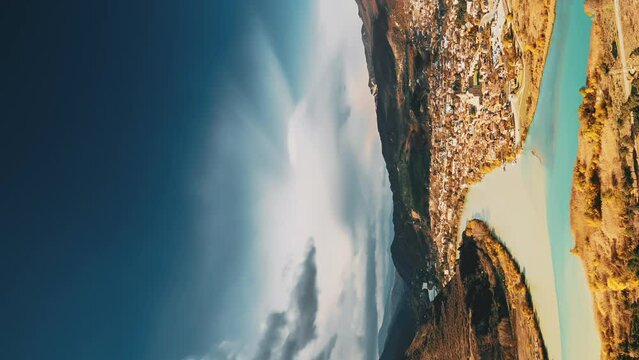 Mtskheta Georgia. Vertical Footage Video Top View Skyline Of Ancient Town Located At Valley Of Confluence Of Rivers Mtkvari Kura, Aragvi In Picturesque Highlands. Bold Colors.