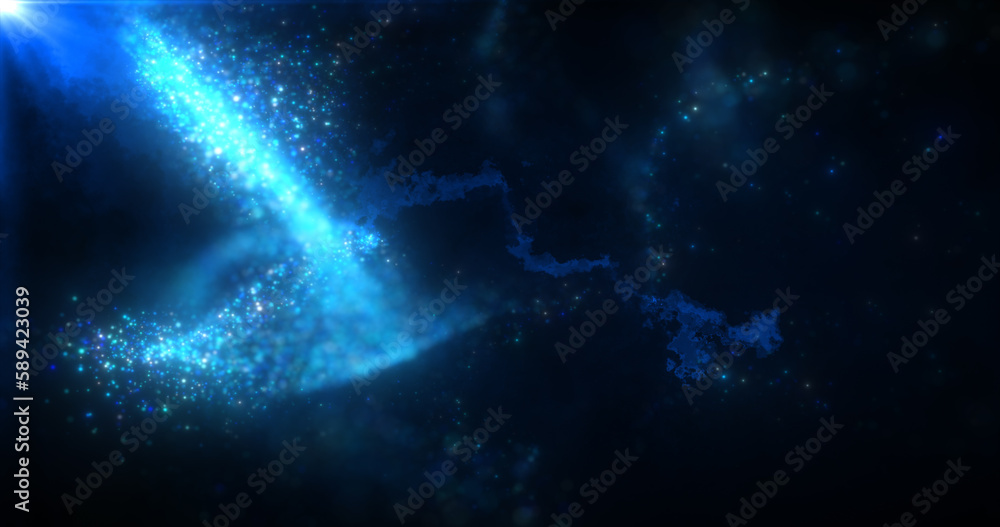 Poster abstract background of blue energy magic waves flying from the wind with the effect of glow and blur