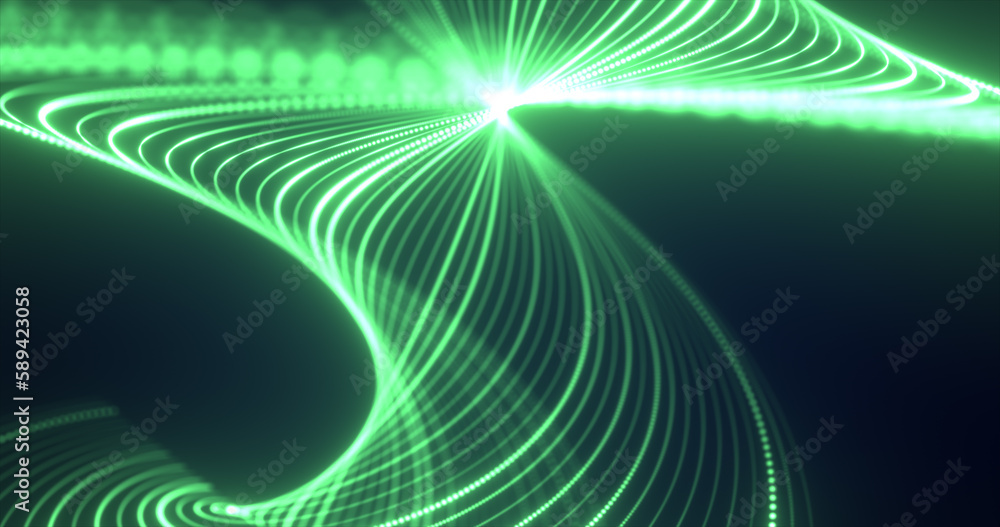 Poster abstract green waves from lines and dots particles of glowing swirling futuristic hi-tech with blur 