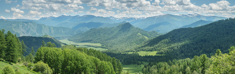 Fototapeta na wymiar View of the mountain valley, summer greenery, sunny day, panoramic view