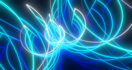 Abstract blue and purple glowing neon lines and circles energy laser flying on a black background