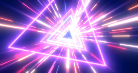 Abstract purple energy futuristic hi-tech tunnel of flying triangles and lines neon magic glowing background © Bolbik