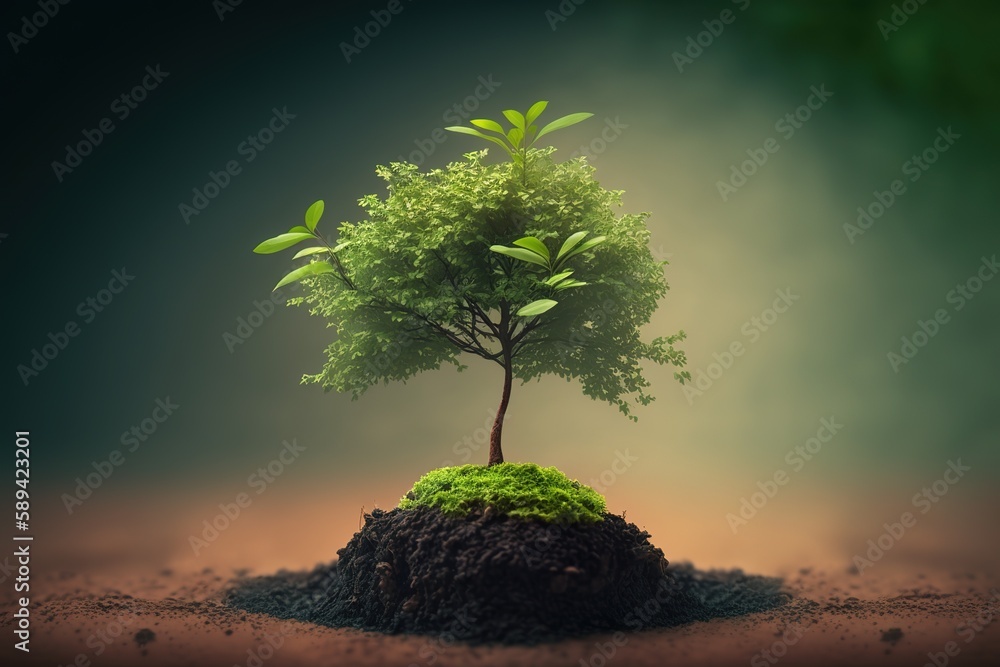 Poster concept of community based service, little tree on green soil generative ai