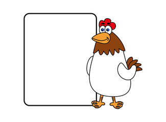 Illustration of a white farm hen with an advertisement on a white background