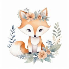 Cute watercolor fox. Illustration AI Generative