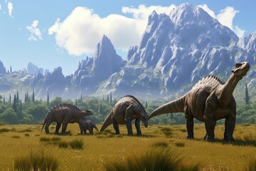 Herd of Stegosauruses grazing in a sunny meadow with mountains in the distance. Generative AI