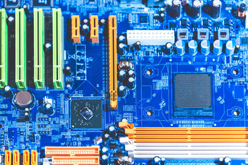 Computer motherboard with cpu sockets of a pc. Electronic system computer motherboard,digital chip...