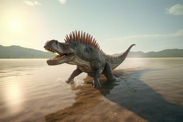 Spinosaurus swimming in a calm lake with a sandy beach. Generative AI