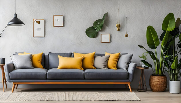 A living room with a grey sofa and a plant on the wall