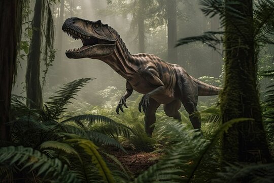 Tyrannosaurus Rex standing in a lush jungle with tall trees and ferns. Generative AI