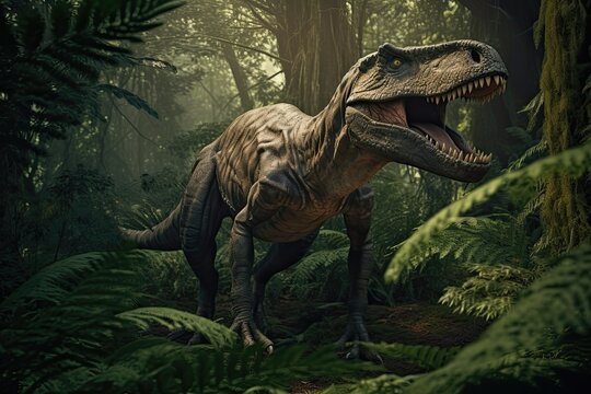 Tyrannosaurus Rex standing in a lush jungle with tall trees and ferns. Generative AI