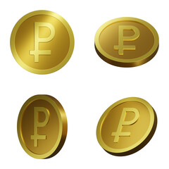 Stylized golden metallic texture ruble coin isolated. Editable elements, for casino banner, cash, jackpot. Crisis. 3D rendering, png file