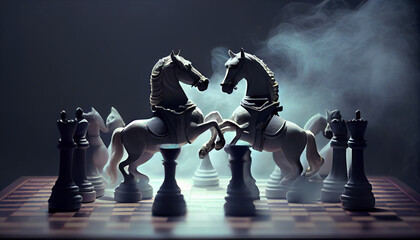 Chess pieces on the board with smoke. The horses went out to fight. Generative AI