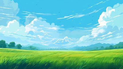Summer fields, hills landscape, green grass, blue sky with clouds, flat style cartoon painting illustration. Generative AI.