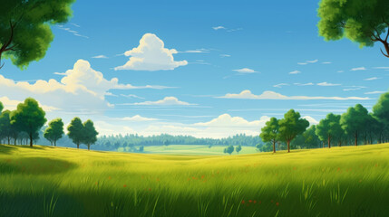 Summer fields, hills landscape, green grass, blue sky with clouds, flat style cartoon painting illustration. Generative AI.