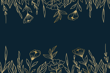 Elegant golden floral background with hand drawn flowers and leaves illustration decoration on dark blue