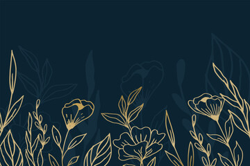 Elegant golden floral background with hand drawn flowers and leaves illustration decoration on dark blue