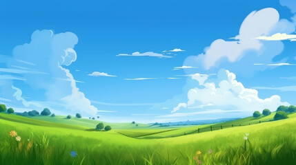 Obraz na płótnie Canvas Summer fields, hills landscape, green grass, blue sky with clouds, flat style cartoon painting illustration. Generative AI.