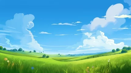 Schilderijen op glas Summer fields, hills landscape, green grass, blue sky with clouds, flat style cartoon painting illustration. Generative AI. © junghc1