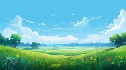 Gordijnen Summer fields, hills landscape, green grass, blue sky with clouds, flat style cartoon painting illustration. Generative AI. © junghc1