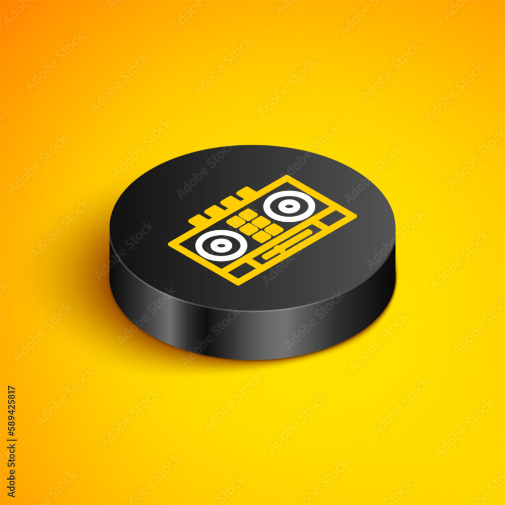 Poster isometric line dj remote for playing and mixing music icon isolated on yellow background. dj mixer c