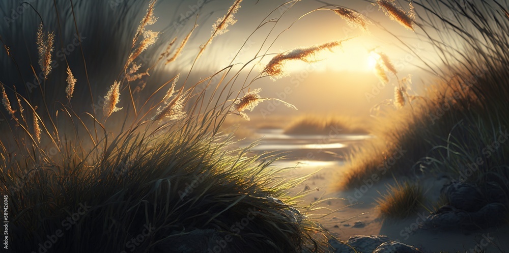 Poster sunlit field of unruly grass generative ai
