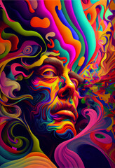 Dreamer, image capturing the free spirit of a person's psychedelic dream. Bold colors and surreal images reflect a boundless vision of the future, unencumbered by limitations or fear.