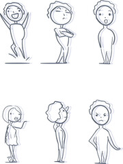 Set of cartoon people. There are guys with different emotions and one girl.