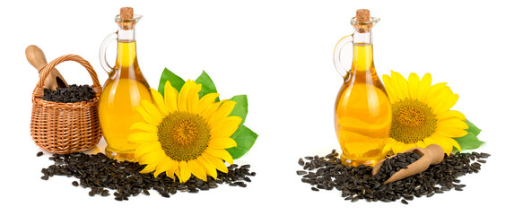 Sunflower oil, seeds and flower isolated on white background