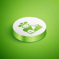 Isometric Spain bullfight, matador icon isolated on green background. Traditional Spanish entertainment. White circle button. Vector