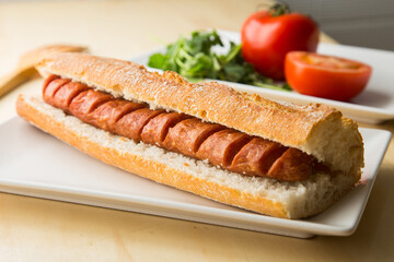 Hot dog Delicious sandwich with pork sausage. Frankfurt style. 