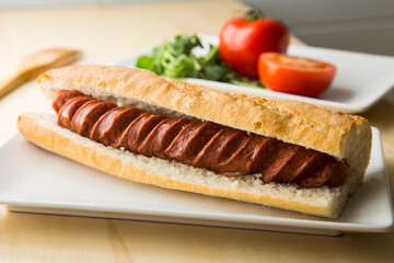 Hot dog Delicious sandwich with pork sausage. Frankfurt style. 