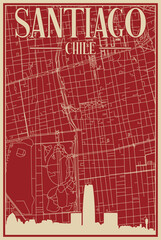 Colorful hand-drawn framed poster of the downtown SANTIAGO, CHILE with highlighted vintage city skyline and lettering