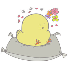 Cartoon illustration of a yellow chick, sitting on a pillow