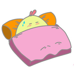 Cartoon illustration of a yellow chick, who is sick in bed